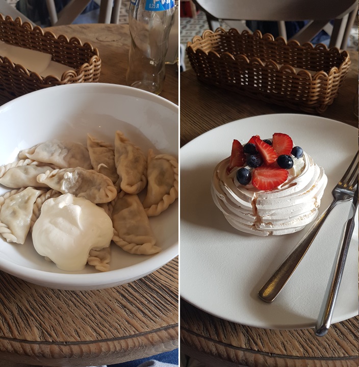 Traditional dumplings and pavlova