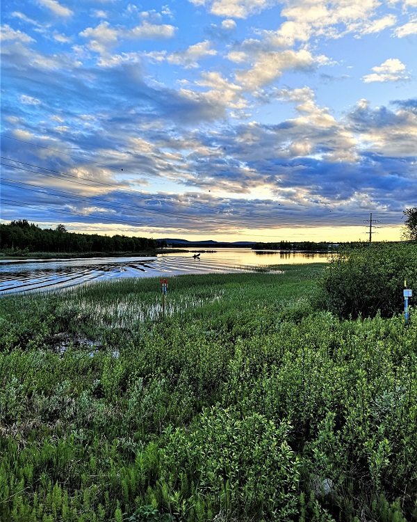 Midnight sun on a river